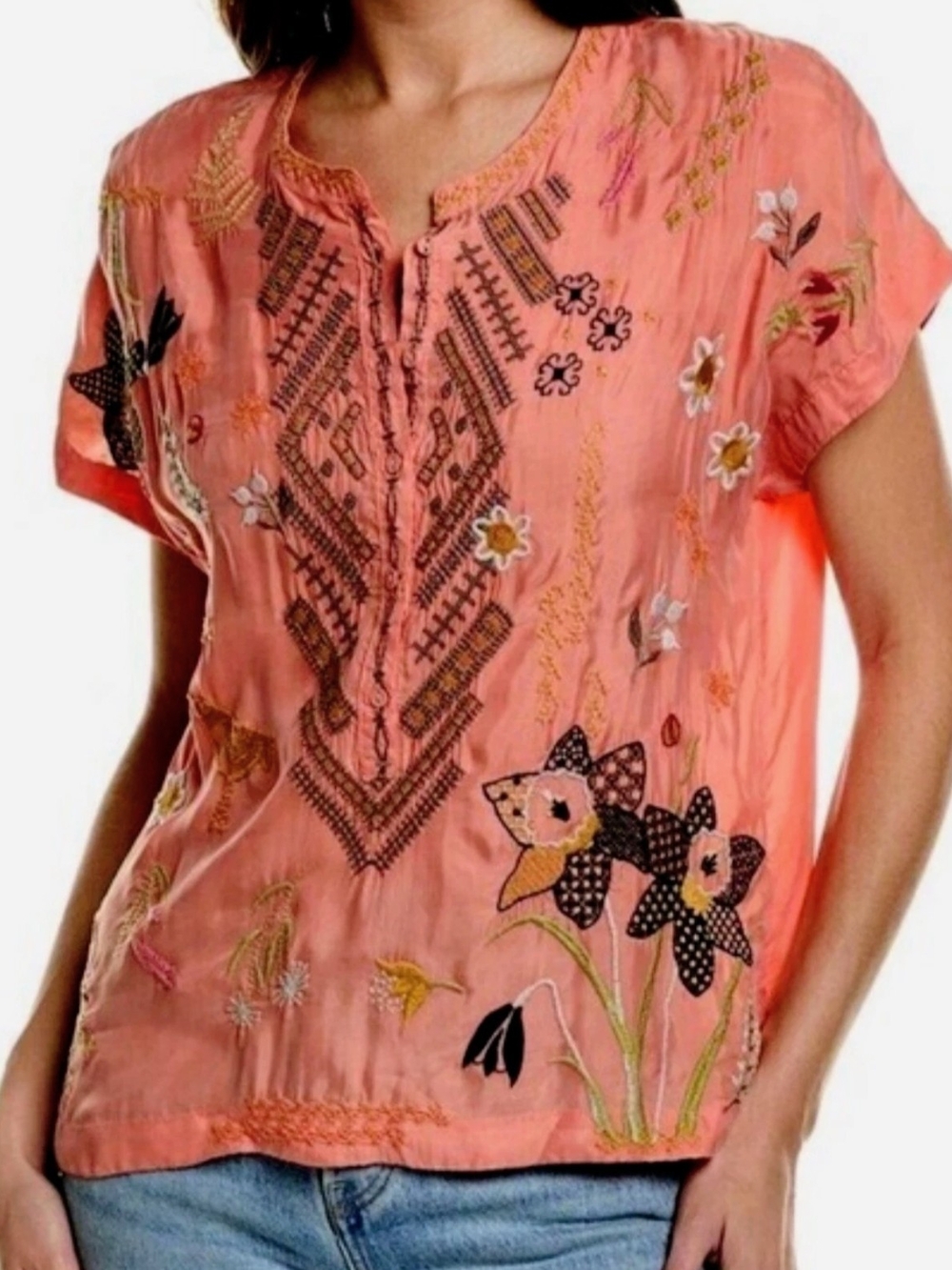 Sz M Johnny Was Perla Coral Embroidered Short Sleeve V-Neck Top